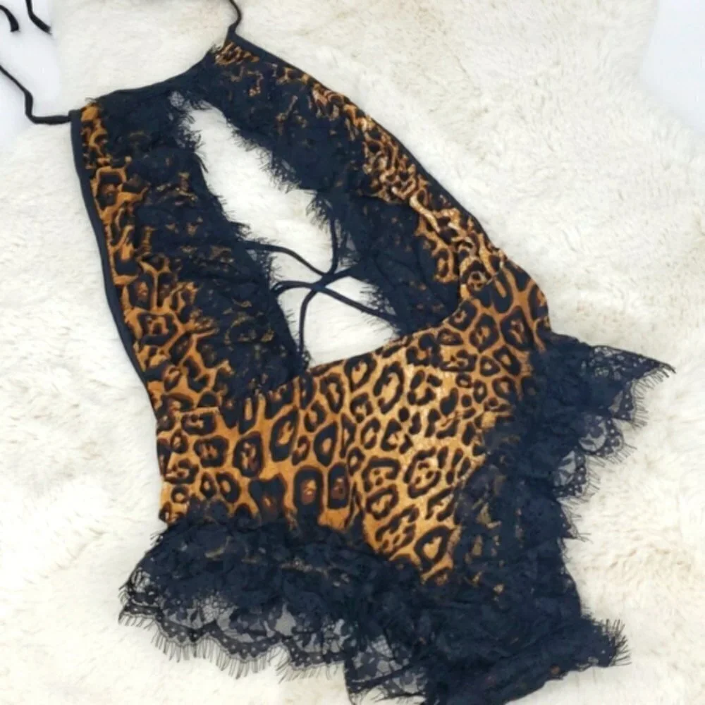 Deep V-plunge neckline Lace Leopard Teddy Lingerie